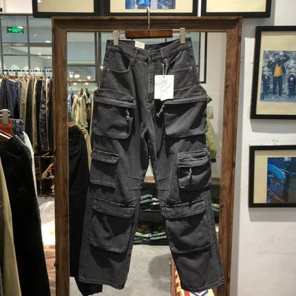 Multi Pockets Heavyweight Cotton Denim Dark Blue Men Pants American Tough Guys Male Overalls Straight Workwear Cargo Trousers