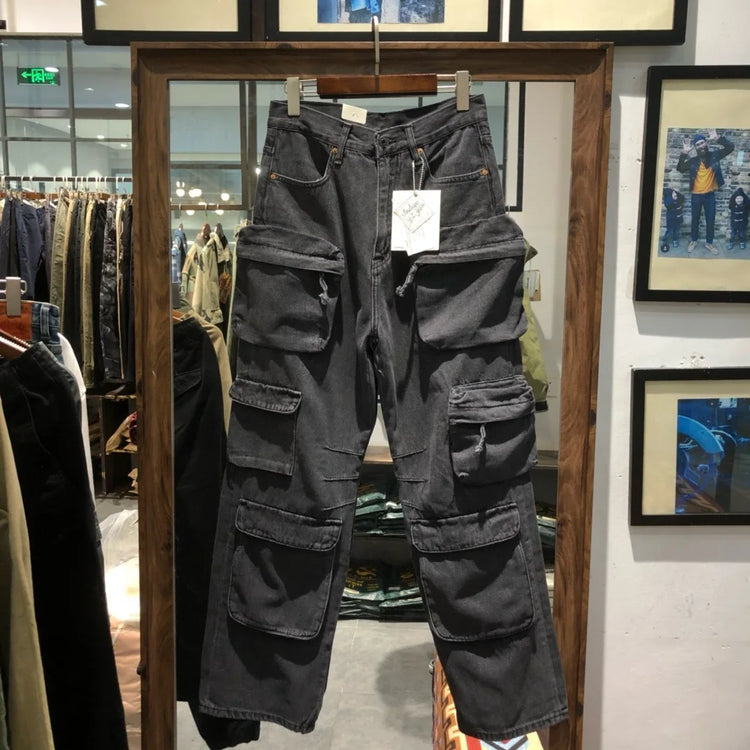 Multi Pockets Heavyweight Cotton Denim Dark Blue Men Pants American Tough Guys Male Overalls Straight Workwear Cargo Trousers