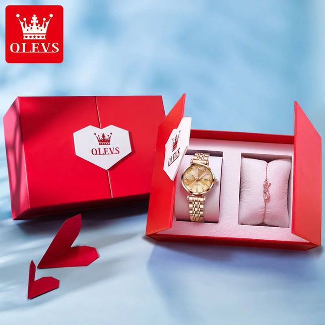 OLEVS 5536 Orologio da donna al quarzo con diamanti di marca di lusso Moda elegante orologio da donna impermeabile in oro rosa con bracciale Set Reloj Mujer platinumshop