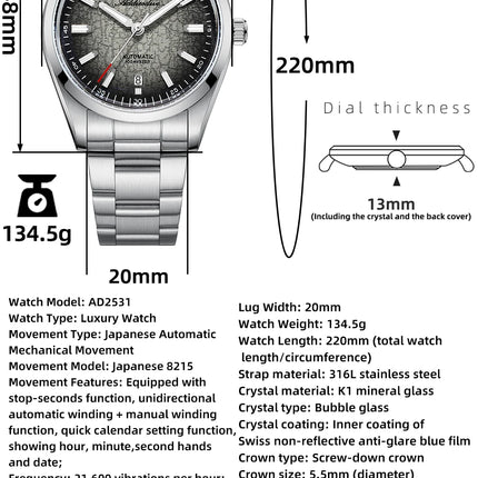 ADDIESDIVE New 2026 Luxury Men's Mechanic Quartz Analog Watch Super Luminous Steel Watch 10Bar Bubble Glass Personalized Watches