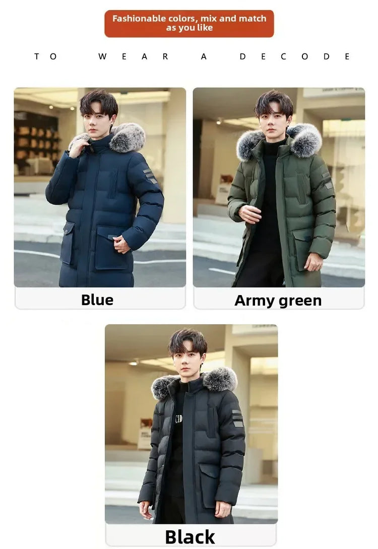 Windproof Breathable Thick Padded Down Winter Thick Windproof Warm with Hat Long Cotton Goose Down Men's Woman Outdoor