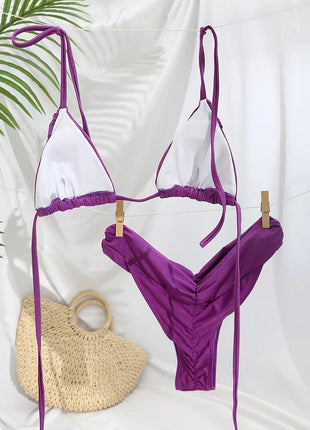 Set Bikini Sexy con Pieghe, Micro Bikini Tinta Unita, Costume da Bagno Femminile a Triangolo, Abbigliamento da Spiaggia platinumshop