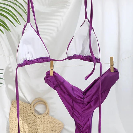 Set Bikini Sexy con Pieghe, Micro Bikini Tinta Unita, Costume da Bagno Femminile a Triangolo, Abbigliamento da Spiaggia platinumshop
