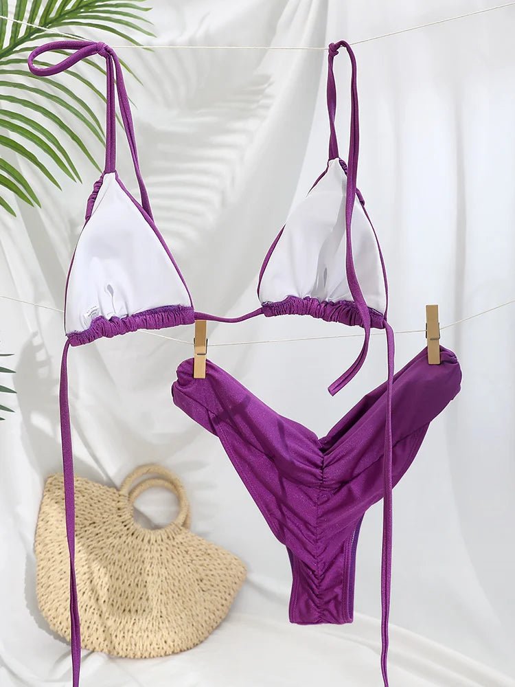 Set Bikini Sexy con Pieghe, Micro Bikini Tinta Unita, Costume da Bagno Femminile a Triangolo, Abbigliamento da Spiaggia platinumshop