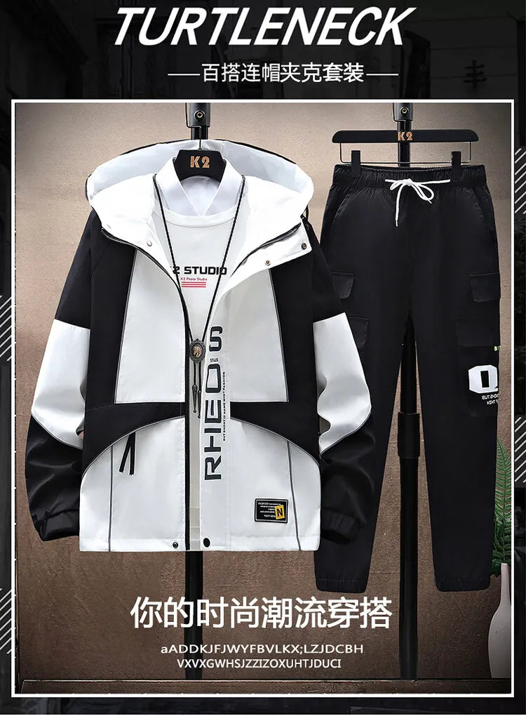 Men's Sets Sportswear Suit Hooded Colorblock Casual patchwork Hooded Jacket + Pants Suit Men's 2-piece Jogger Sweatshirt