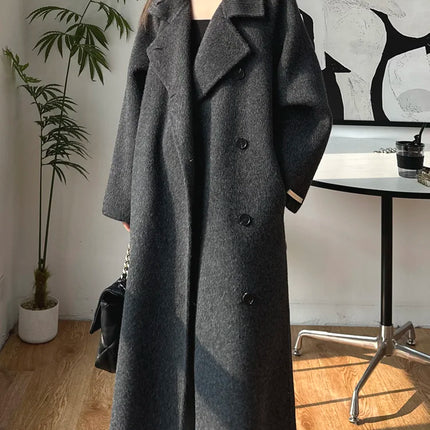 Korean Fashion Dark Gray Stand Collar 100%Wool Coat Women Long Winter Jacket