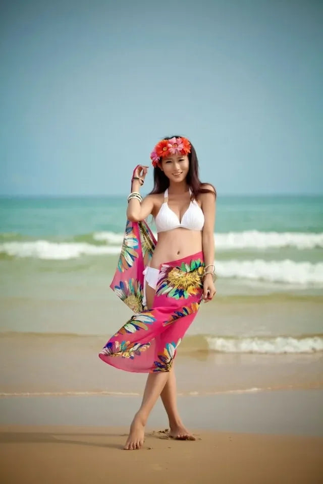 Copricostumi stampati Abito da spiaggia sexy Donna Halter Sling Chiffon Asciugamano da spiaggia Bikini Wrap Pareo Gonne Costumi da bagno aperti sul retro platinumshop