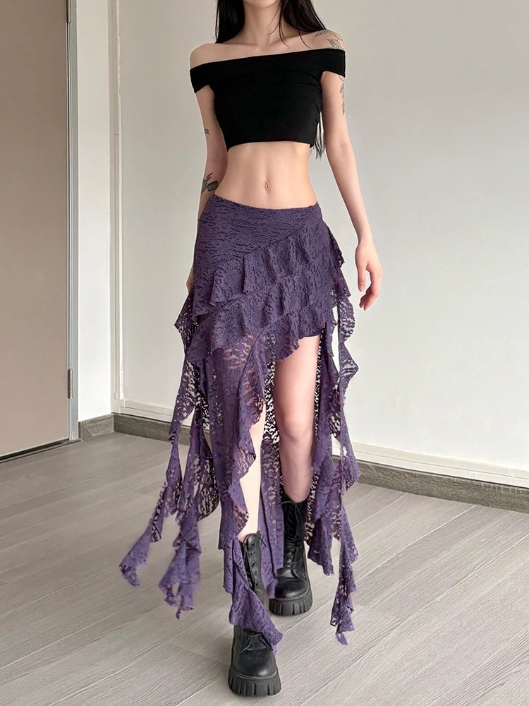 Nibber Nappe Gonne da donna Orlo irregolare Increspature multistrato Patchwork di pizzo Dolce tendenza estiva Pantaloni skinny versatili quotidiani
