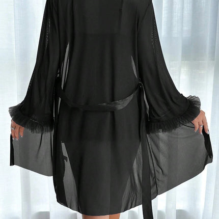 Set di lingerie sexy da donna con camicia da notte in pizzo con scollo a V e vestaglia in rete trasparente, abbigliamento da notte casual da donna