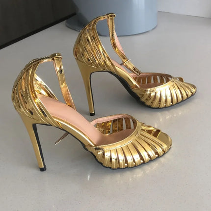 Sandali peep toe Forma a gabbia Cinturini alla caviglia in pelle metallizzata superiore Sandali con fibbia Tacchi alti a spillo Ritagli Scarpe singole con cinturino