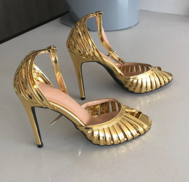 Peep toe sandals Cage shape Metallic leather upper ankle straps Buckle sandals Stiletto high heels Cut-outs Single strap shoes