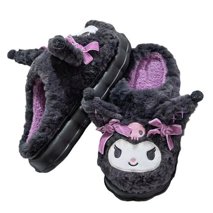 Sanrio Kuromi Kawaii Plush Slippers Women Thick Platform Height Increasing Non-Slip Warm Winter Indoor House Shoes