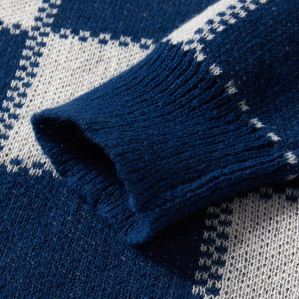 Retro Trendy Plaid Jacquard Pattern Pullover Sweater Casual Round Neck Color-Block Knit Men's Pullover
