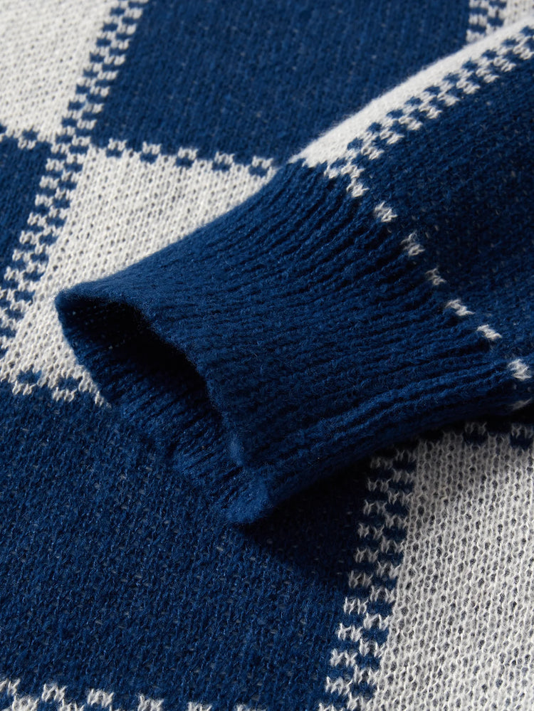 Retro Trendy Plaid Jacquard Pattern Pullover Sweater Casual Round Neck Color-Block Knit Men's Pullover