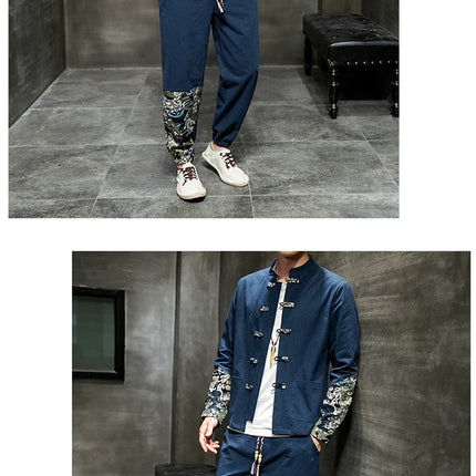 Completo Due Pezzi da Uomo, Nuovo Stile Primaverile in Lino, Comodo Completo Retrò Tang in Cotone Patchwork, Camicia Casual e Giacca Stampata Kung Fu