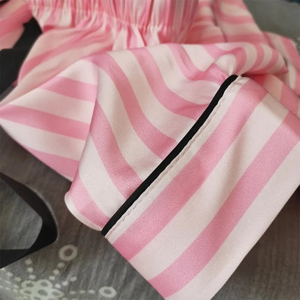 Pigiama casual in raso con stampa a righe da donna Set con fiocco a maniche corte Bottoni con risvolto Top e pantaloni Comodo indumenti da notte estivi dalla vestibilità rilassata