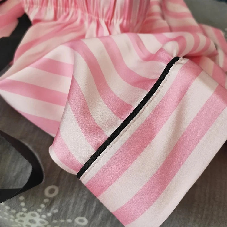 Pigiama casual in raso con stampa a righe da donna Set con fiocco a maniche corte Bottoni con risvolto Top e pantaloni Comodo indumenti da notte estivi dalla vestibilità rilassata