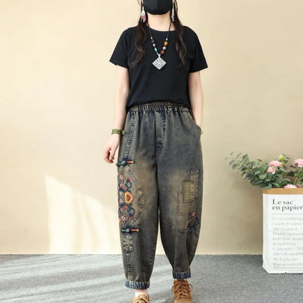 Jeans Ricamati Artistici Retrò da Donna, Nuovi Pantaloni Casual in Denim Elasticizzato a Vita Alta, Collezione Primavera Autunno 2026