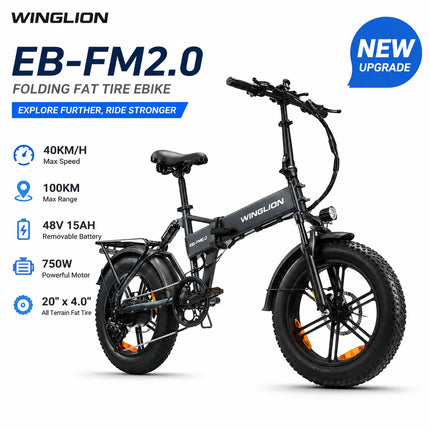 Nuova Bicicletta Elettrica Pieghevole WINGLION eb-fm2.0, Motore 720W, Batteria 48V 15AH, Pneumatici Larghi 20 "x4.0, Freno Idraulico, Ideale per Adulti, Città, Casa, Lavoro