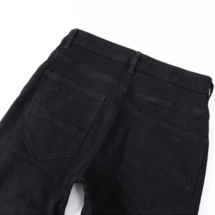 Designer street fashion men's jeans washed, elastic, slim fit, perforated, cashew flower patch, black denim high street pants, h PlatiNum