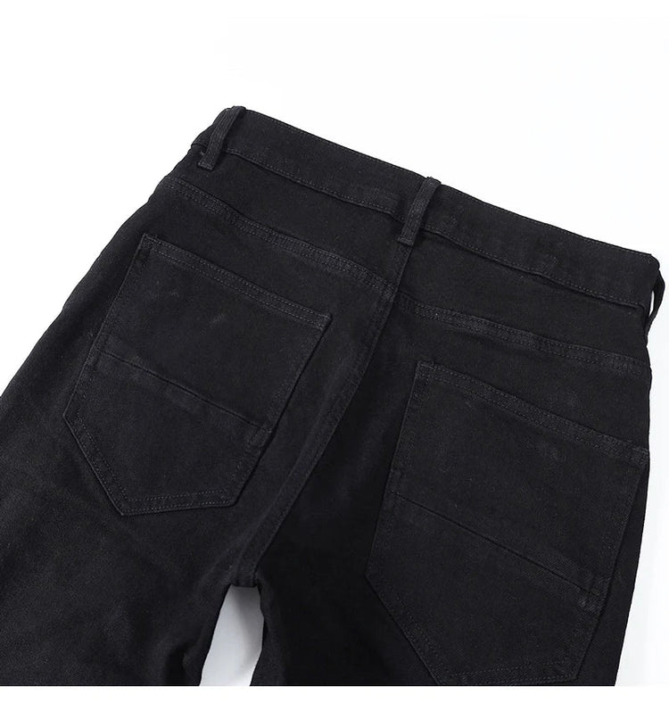 Designer street fashion men's jeans washed, elastic, slim fit, perforated, cashew flower patch, black denim high street pants, h PlatiNum