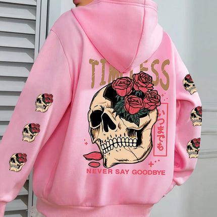 Plus Rose and Skull Pattern - Hoodie - Soft Casual Long Sleeve Pocket, Comfortable Women's Plus Size Daily Wear Clothing