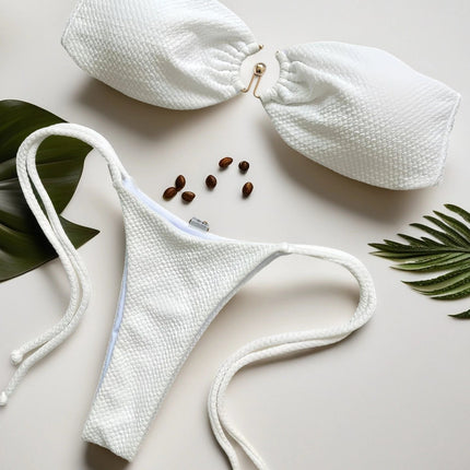 Nuovo Costume da Bagno Bikini Donna a Due Pezzi con Fascia Arricciata, Anello in Metallo e Perizoma platinumshop