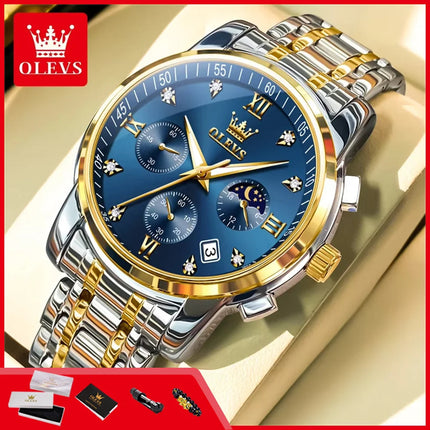 OLEVS 2858 Orologio da Uomo in Acciaio Inossidabile, Impermeabile, Antigraffio, con Fasi Lunari, Luminoso, Cronografo, Orologio da Polso al Quarzo di Lusso platinumshop