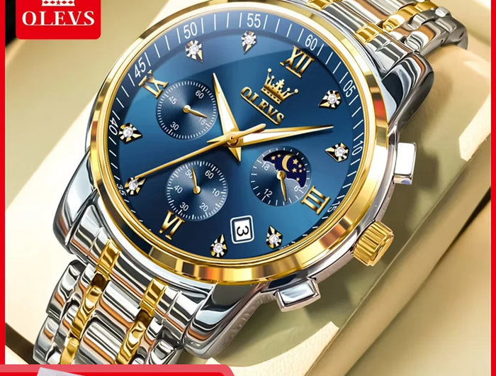 OLEVS 2858 Orologio da Uomo in Acciaio Inossidabile, Impermeabile, Antigraffio, con Fasi Lunari, Luminoso, Cronografo, Orologio da Polso al Quarzo di Lusso platinumshop