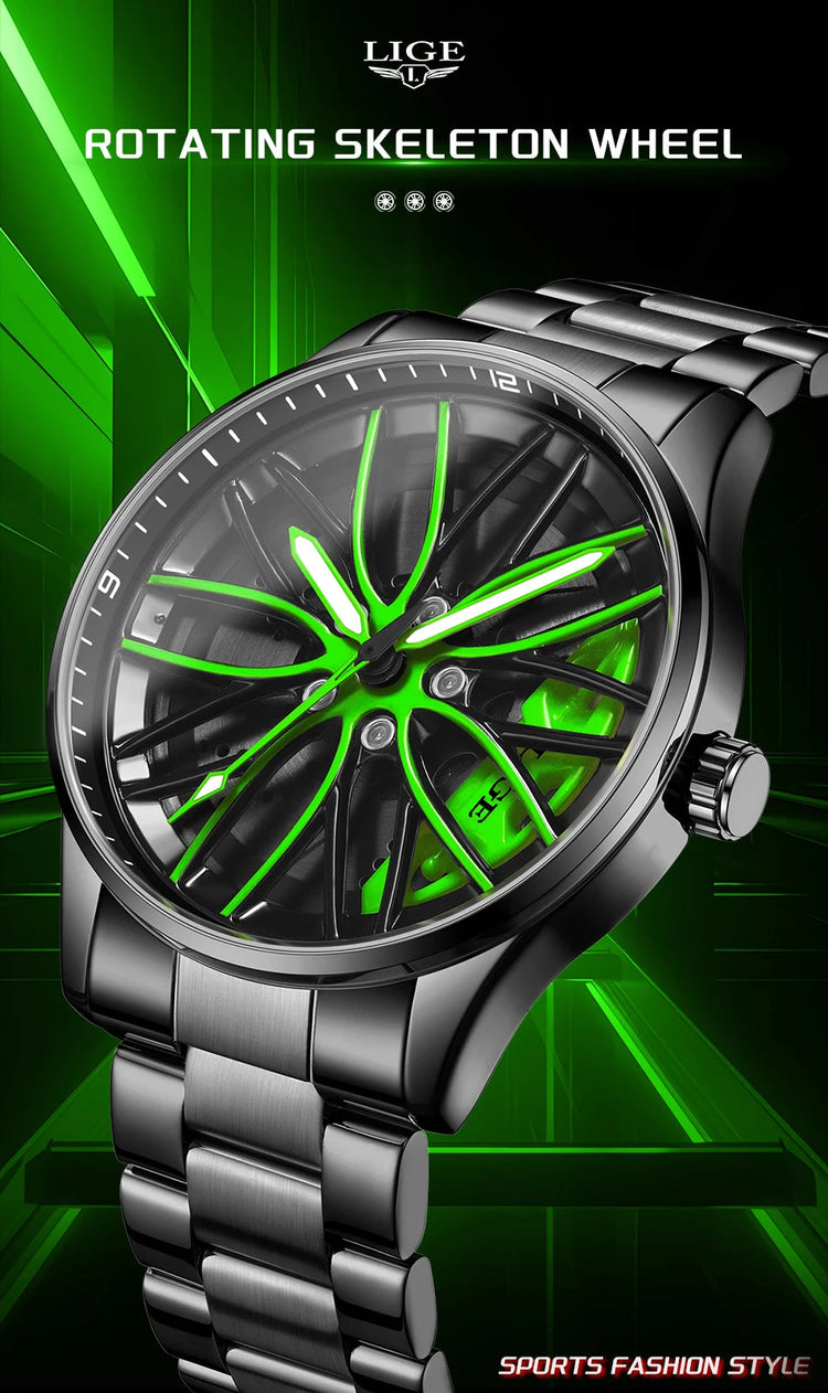 Orologio da Uomo LIGE di Lusso al Quarzo, Sportivo, Impermeabile, in Acciaio Inossidabile, Luminoso, con Quadrante a Forma di Ruota d'Auto, Elegante Orologio da Uomo per Affari platinumshop