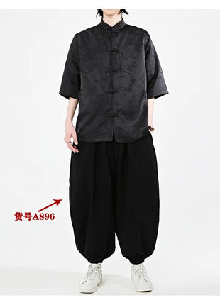 Camicie cinesi Camicia retrò in seta di ghiaccio con motivo floreale scuro Tradizionale Kung Fu Tai Chi Casual Loose Fit Top da uomo traspirante estivo
