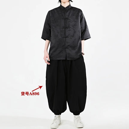 Camicie cinesi Camicia retrò in seta di ghiaccio con motivo floreale scuro Tradizionale Kung Fu Tai Chi Casual Loose Fit Top da uomo traspirante estivo