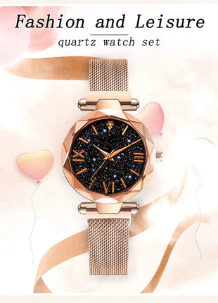 Orologi da donna con cielo stellato alla moda, fibbia magnetica, cintura in rete, orologio al quarzo con diamanti, orologio da donna platinumshop
