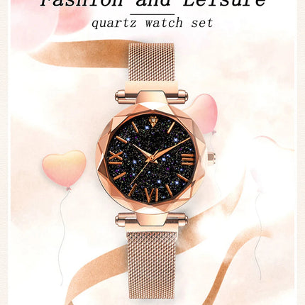 Orologi da donna con cielo stellato alla moda, fibbia magnetica, cintura in rete, orologio al quarzo con diamanti, orologio da donna platinumshop