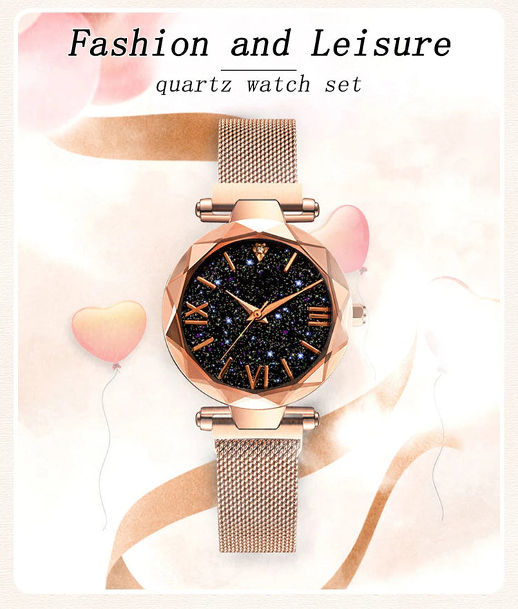 Orologi da donna con cielo stellato alla moda, fibbia magnetica, cintura in rete, orologio al quarzo con diamanti, orologio da donna platinumshop