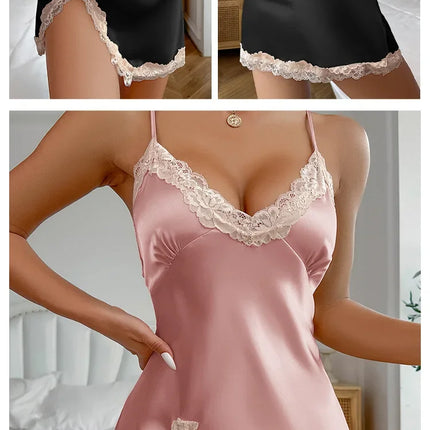 Lace Trim Leopard Nightdress V Neck Backless Side Split Slip Sleep Dress Women's Sleepwear Dresses