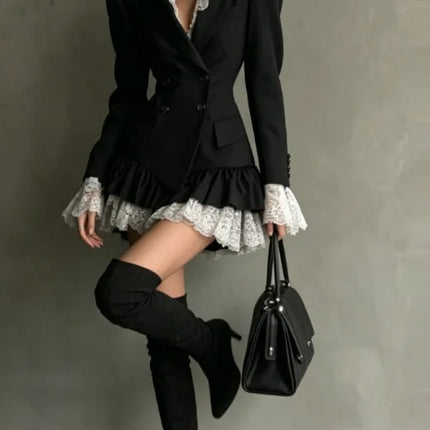Chic Patchwork Lace Blazer Dress Women Autumn Winter Commute Lapel Long Sleeve Slim Fit Mini Dresses Double Breasted Suit Dress