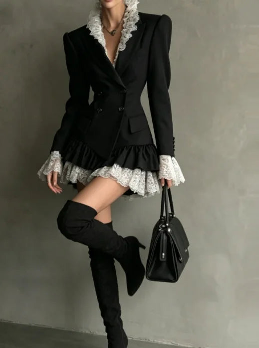 Chic Patchwork Lace Blazer Dress Women Autumn Winter Commute Lapel Long Sleeve Slim Fit Mini Dresses Double Breasted Suit Dress