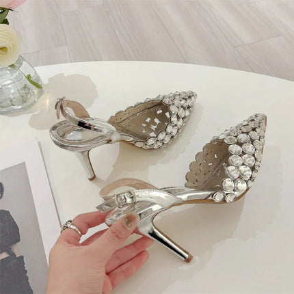 Hlieny Hollow Out Patent Leather Women Pumps Fashion Crystal Diamonds Pointed Toe Gold Silver High Heels Shoes Stiletto Sandals PlatiNum