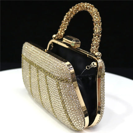Popular In Nigeria Exquisite Evening Bags With Diamond Design Fashion Handle Clutch Rhinestone Embellished Long Chain Bag PlatiNum
