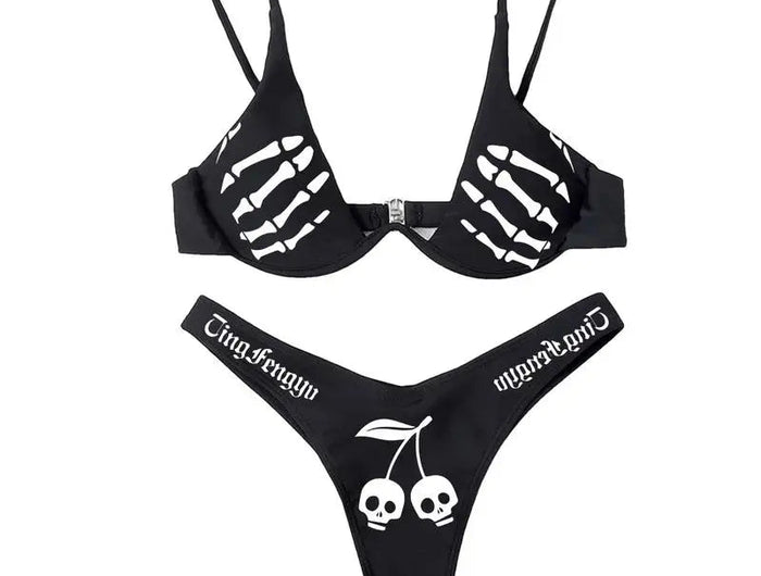 Set bikini gotici da donna in poliestere morbido con motivo teschio, costume da bagno alla moda multifunzionale PlatiNum