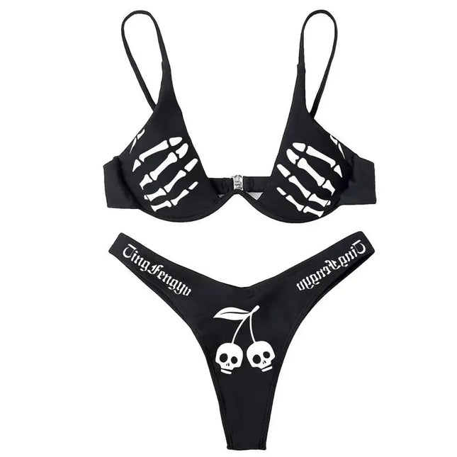Set bikini gotici da donna in poliestere morbido con motivo teschio, costume da bagno alla moda multifunzionale PlatiNum