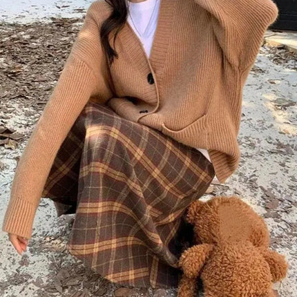 Retro High Waist Retro Plaid Skirt Slim Fit Classical High Waist Long Skirt Preppy Style Winter Autumu A-line Half Dress Autumn PlatiNum