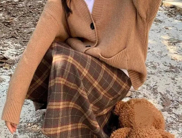 Retro High Waist Retro Plaid Skirt Slim Fit Classical High Waist Long Skirt Preppy Style Winter Autumu A-line Half Dress Autumn PlatiNum