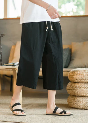 Pantaloni di lino da uomo in stile cinese Pantaloni a gamba larga da uomo con cavallo basso Pantaloni da uomo HipHop Pantaloni al polpaccio Pantaloni da pista Streetwear