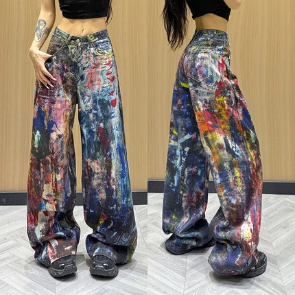 Jeans Americani da Donna a Vita Alta e Gamba Dritta, Pantaloni in Denim Colorati con Effetto Schizzi d'Inchiostro, Pantaloni Larghi Stile Cowboy per l'Autunno