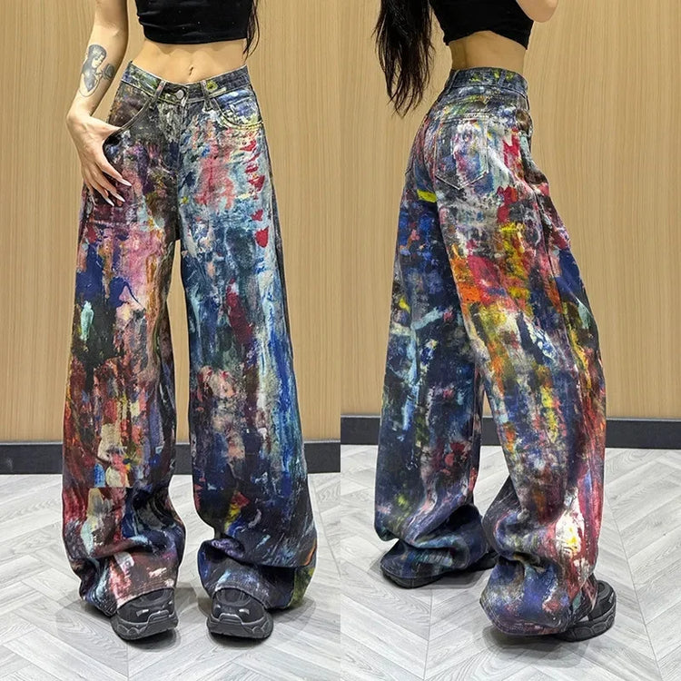 Jeans Americani da Donna a Vita Alta e Gamba Dritta, Pantaloni in Denim Colorati con Effetto Schizzi d'Inchiostro, Pantaloni Larghi Stile Cowboy per l'Autunno