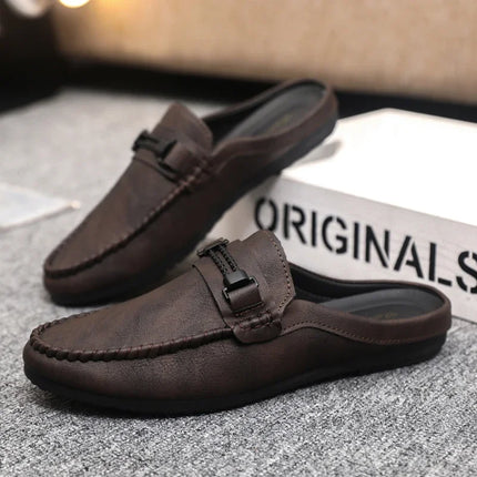 Mezze pantofole da uomo in pelle estiva Scarpe casual da uomo traspiranti Scarpe da guida pigre slip-on Comode mocassini da passeggio Mocassini
