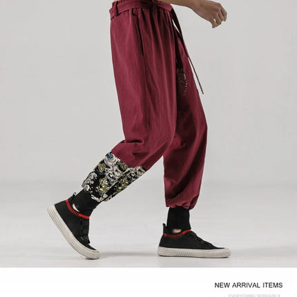 Pantaloni da uomo Costume da samurai giapponese Ukiyo-e Cintura con stampa Pantaloni stile harem da uomo in cotone e lino Pantaloni casual Harajuku da uomo Taglie forti 5XL