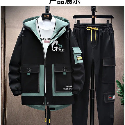Casual Two-Piece Men's Sets 2026 Spring Autumn Loose Coats & Pant Tracksuits Outdoor Windproof Hooded Jacket And Jogger Clothing